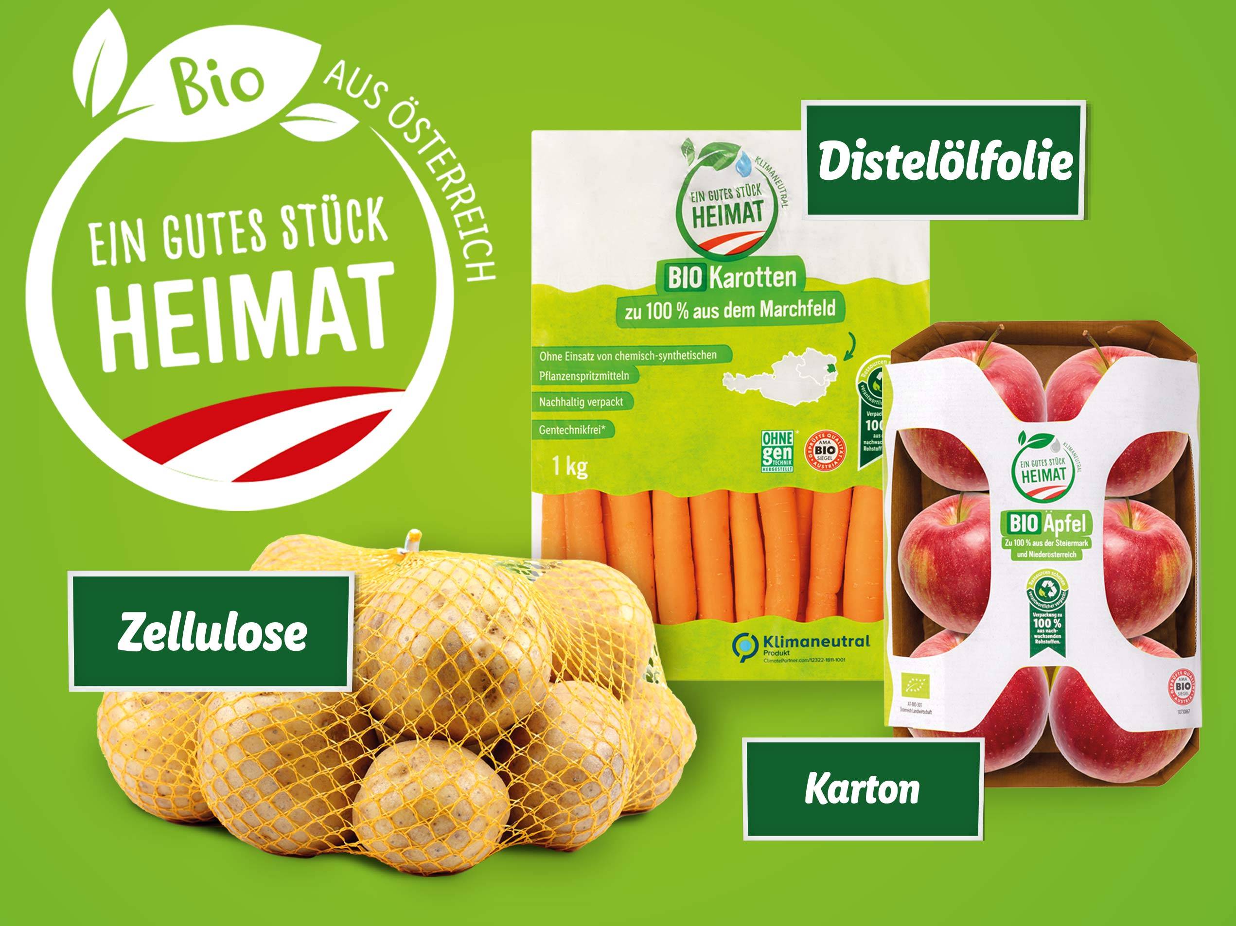 Karotte, Kartoffeln und Äpfel in nachhaltigen Verpackungen